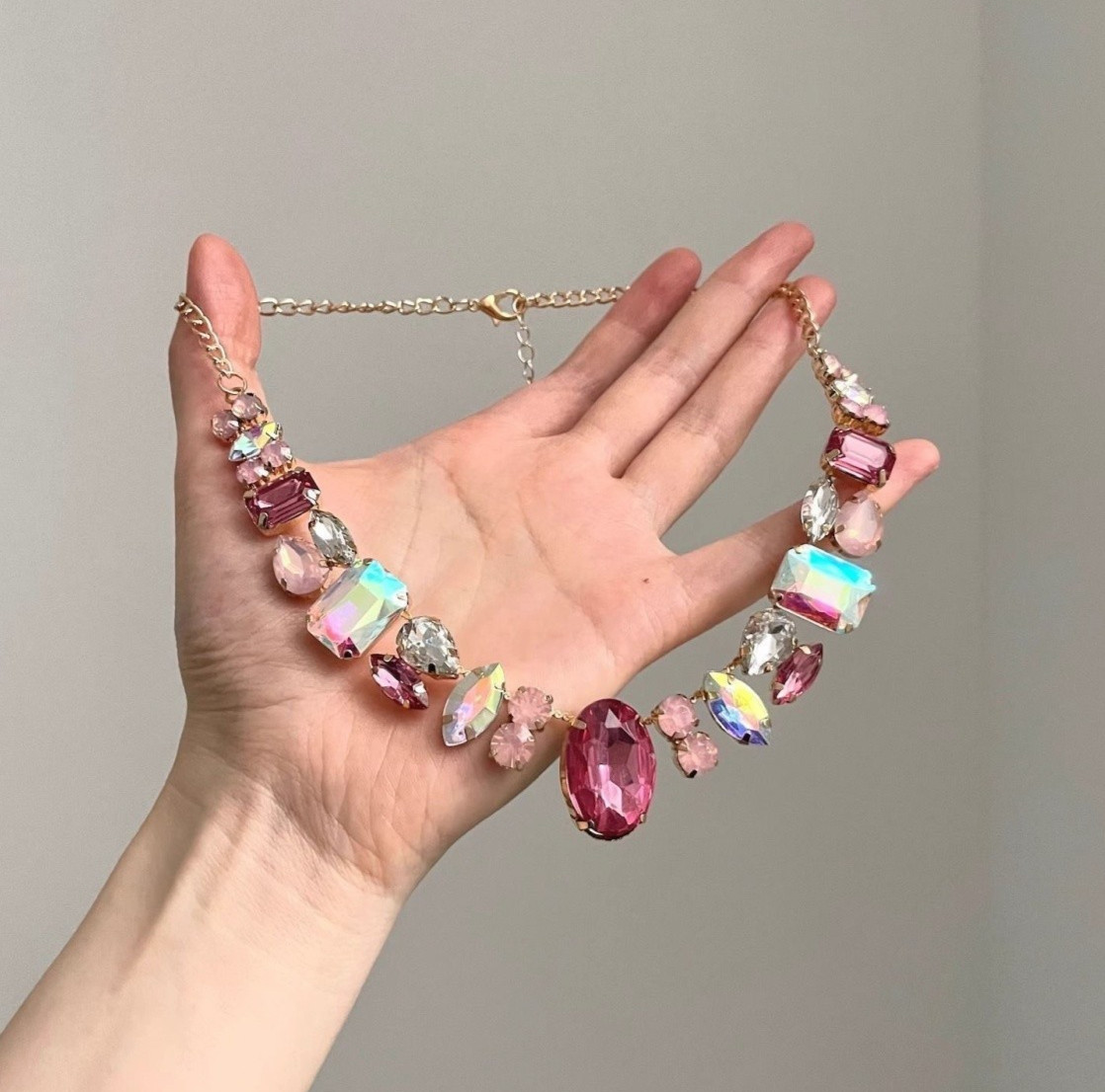 Retro geometric colored zircon necklace, elegant clavicle chain