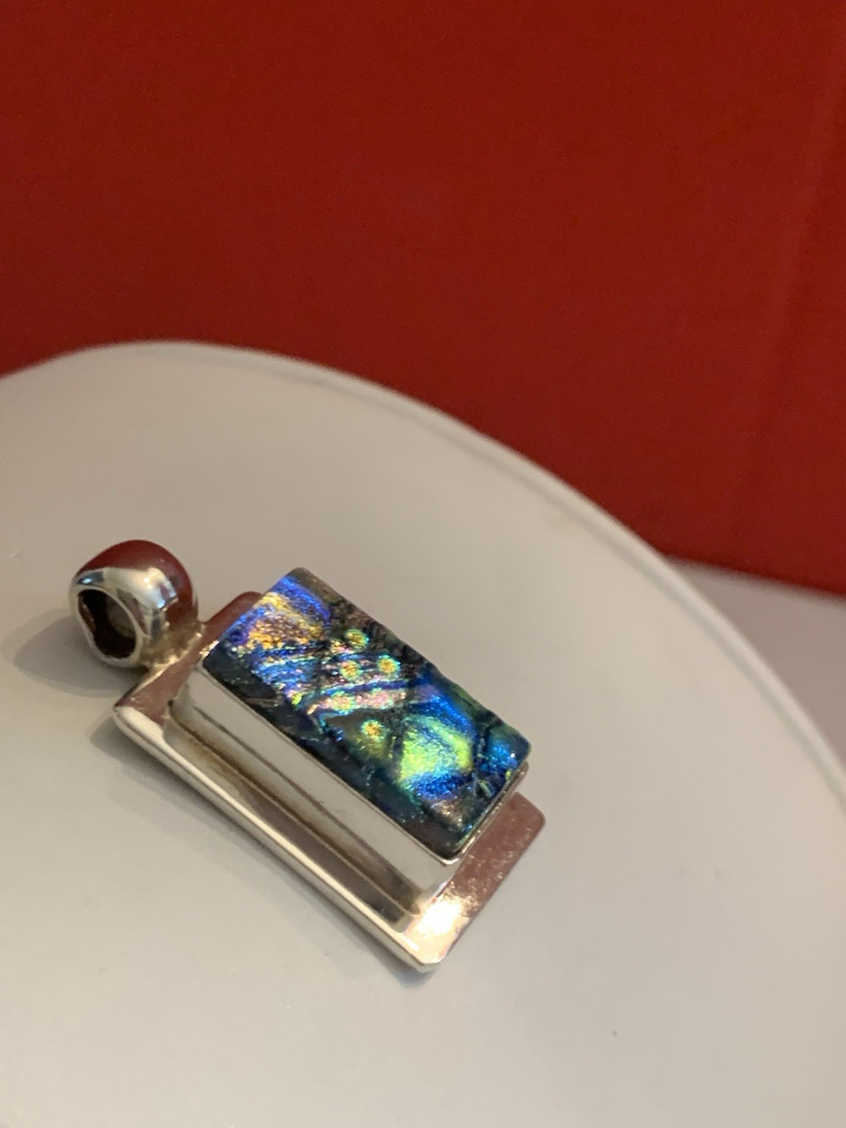 Vtg. Multi Color Dichroic Glass .925 Sterling Silver Pendant Rectangle- BinM
