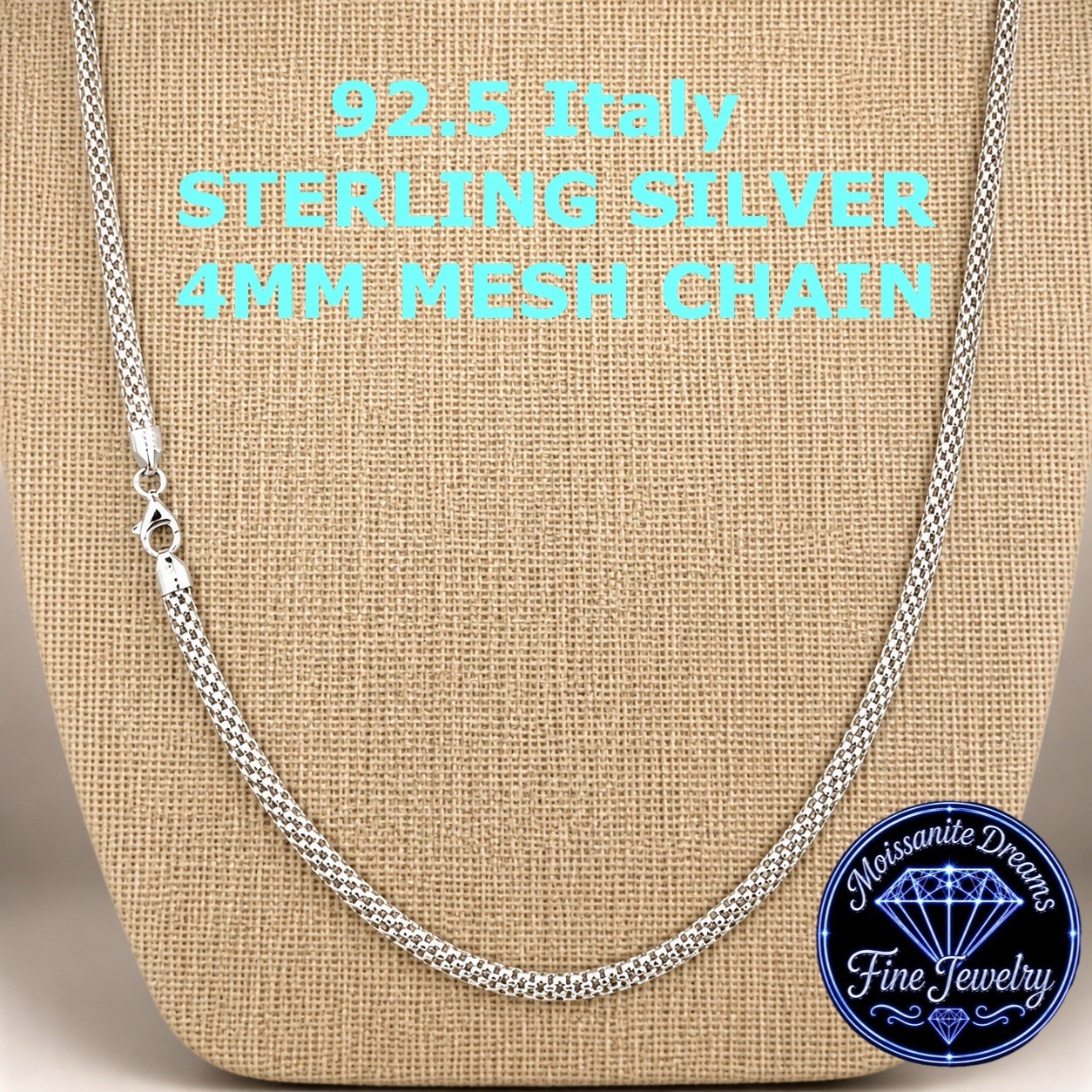 Solid Premium 92.5 Sterling Silver 4mm Mesh Chain Hand Crafted In Italy.
