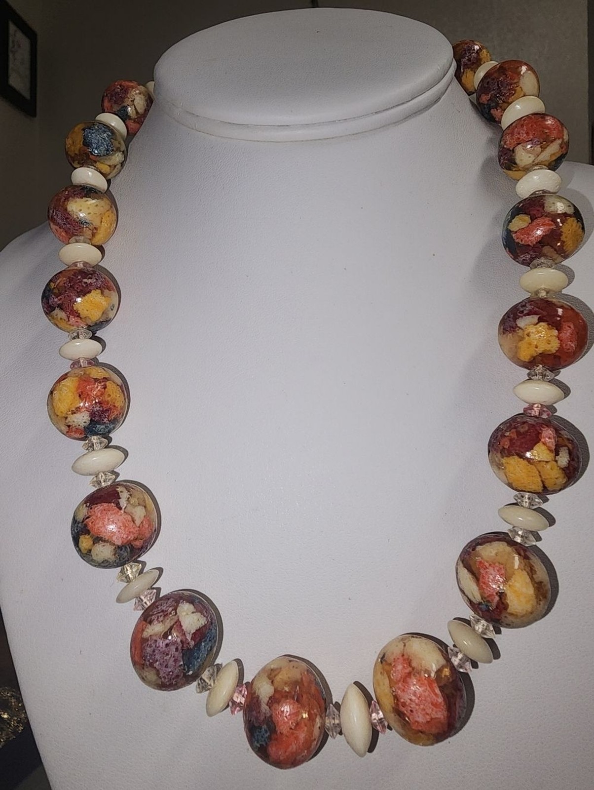 Artisan Vintage Colorful Cork In Resin Earthtone Beaded Necklace