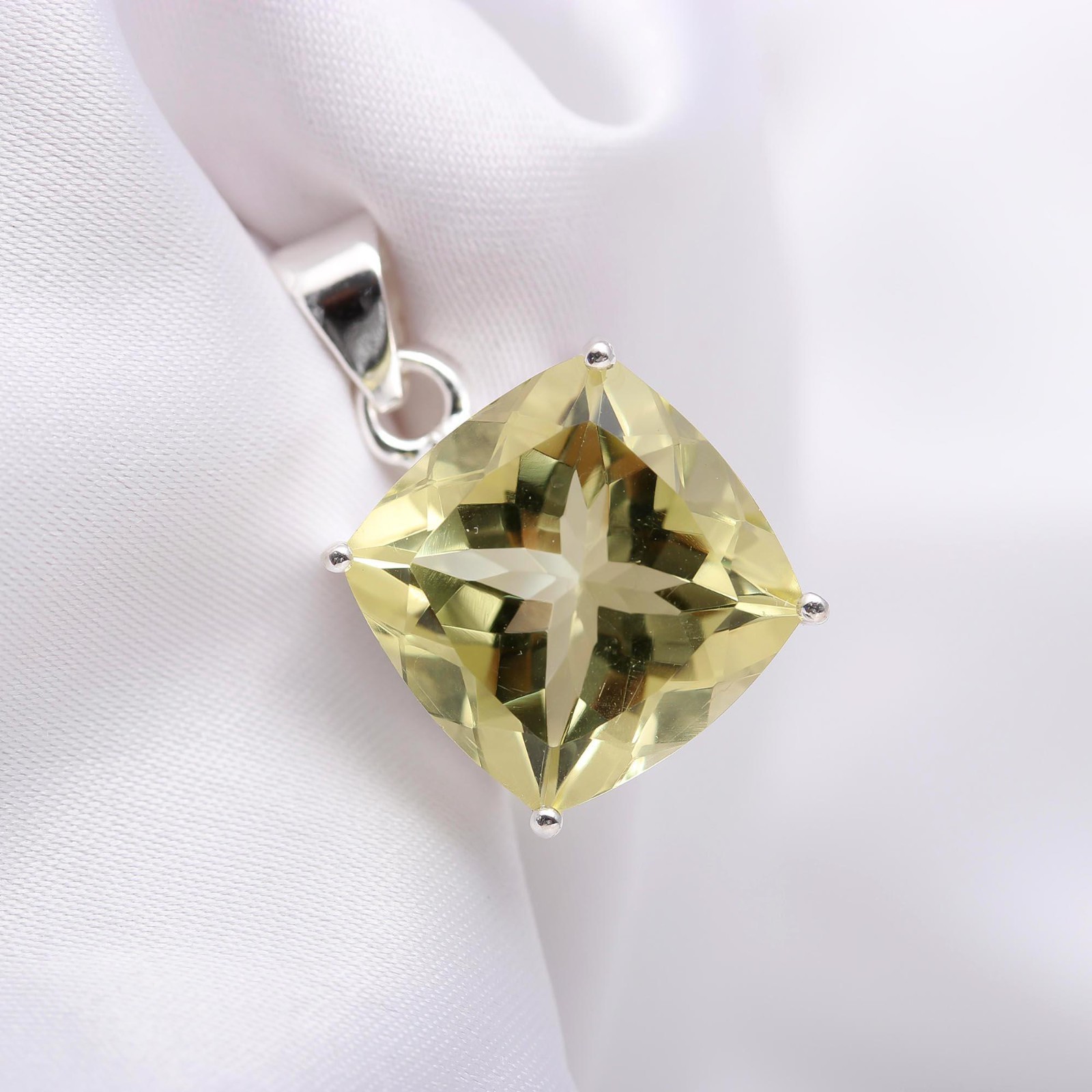 Natural Lemon Quartz Cushion Pendant 925Sterling Silver Handmade Jewelry For Her