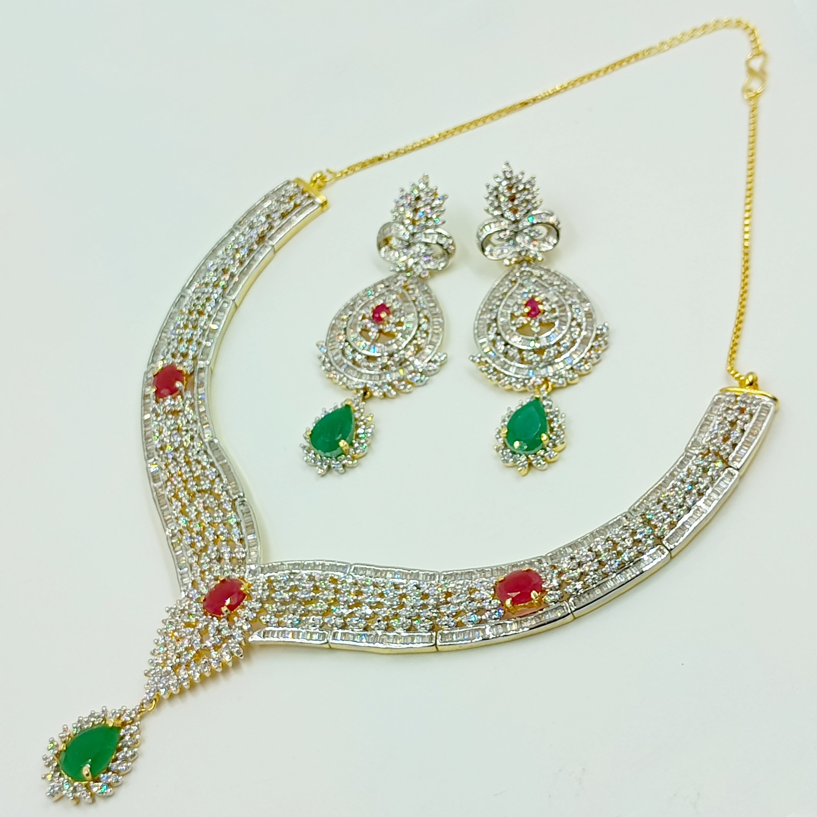 Traditional Emerald Ruby CZ Diamond Choker Necklace Set 22k Gold Plated