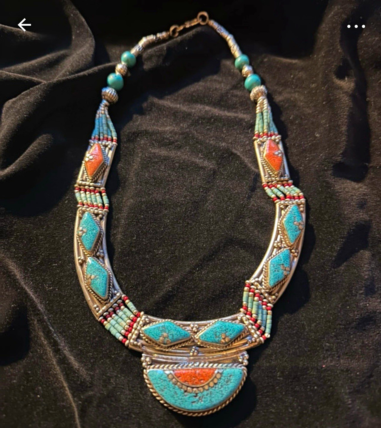Silver Tone Turquoise Coral Beaded Statement Necklace Charm Pendant Hook Clasp