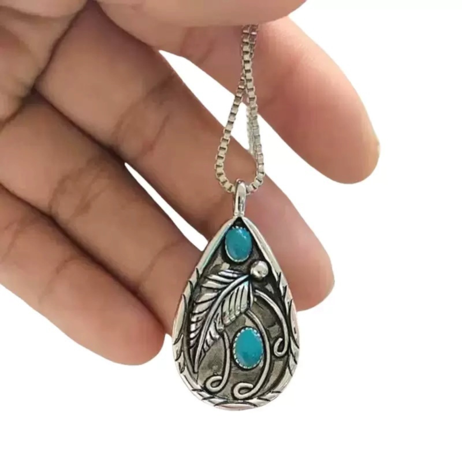 Tibetan Silver Plated Blue Turquoise Chain Crystal Pendant Necklace C10