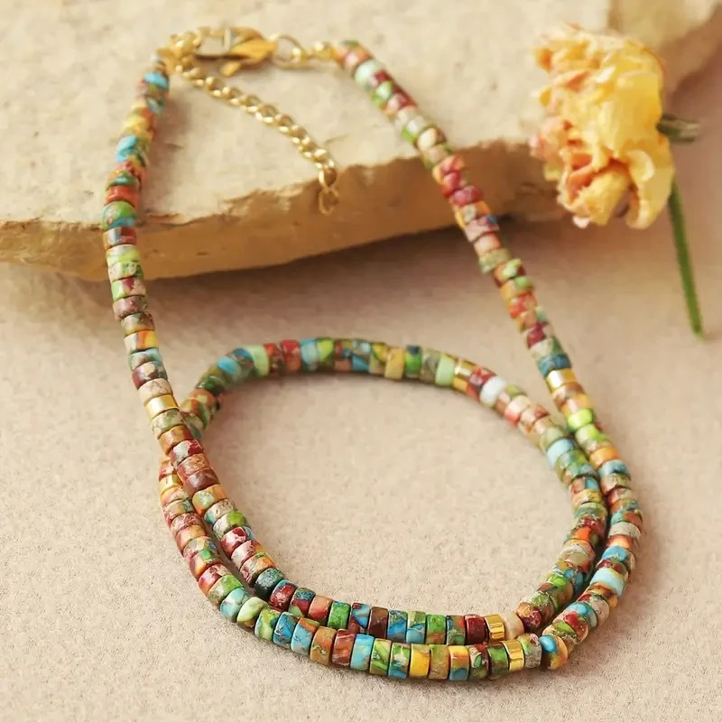 Colorful Sea Sediment Jasper Necklace Beaded Choker Healing Dainty Women Gifts