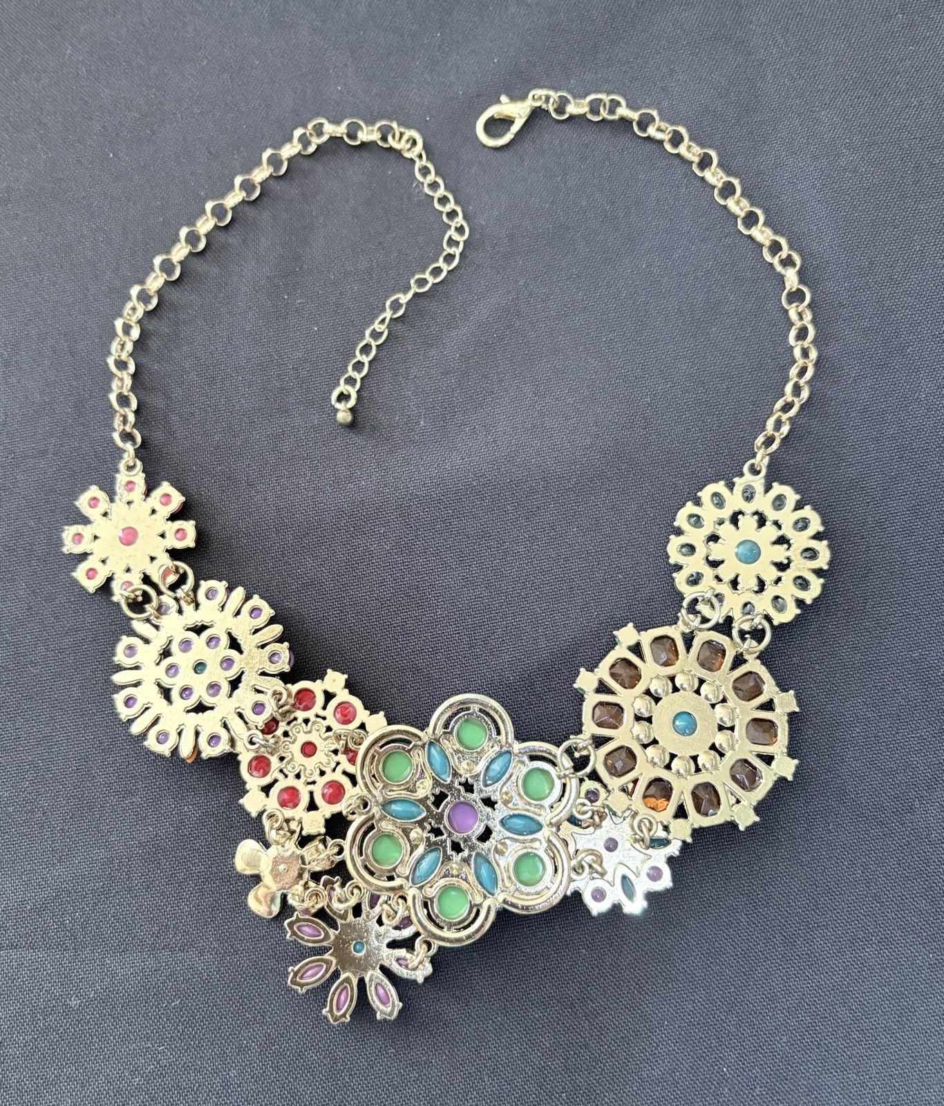 Colorful Floral Statement Necklace Gold Tone Interconnected Flowers