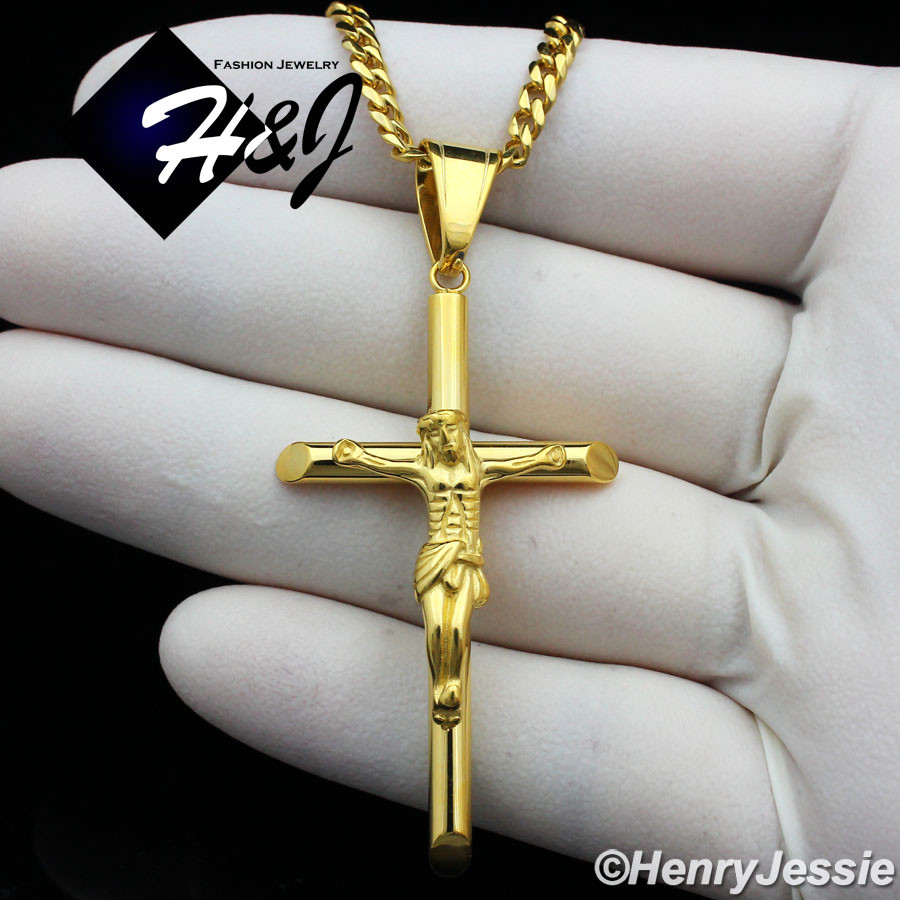 16″-36″Stainless Steel 3mm Gold Plated Cuban Curb Chain JESUS Cross Pendant*116