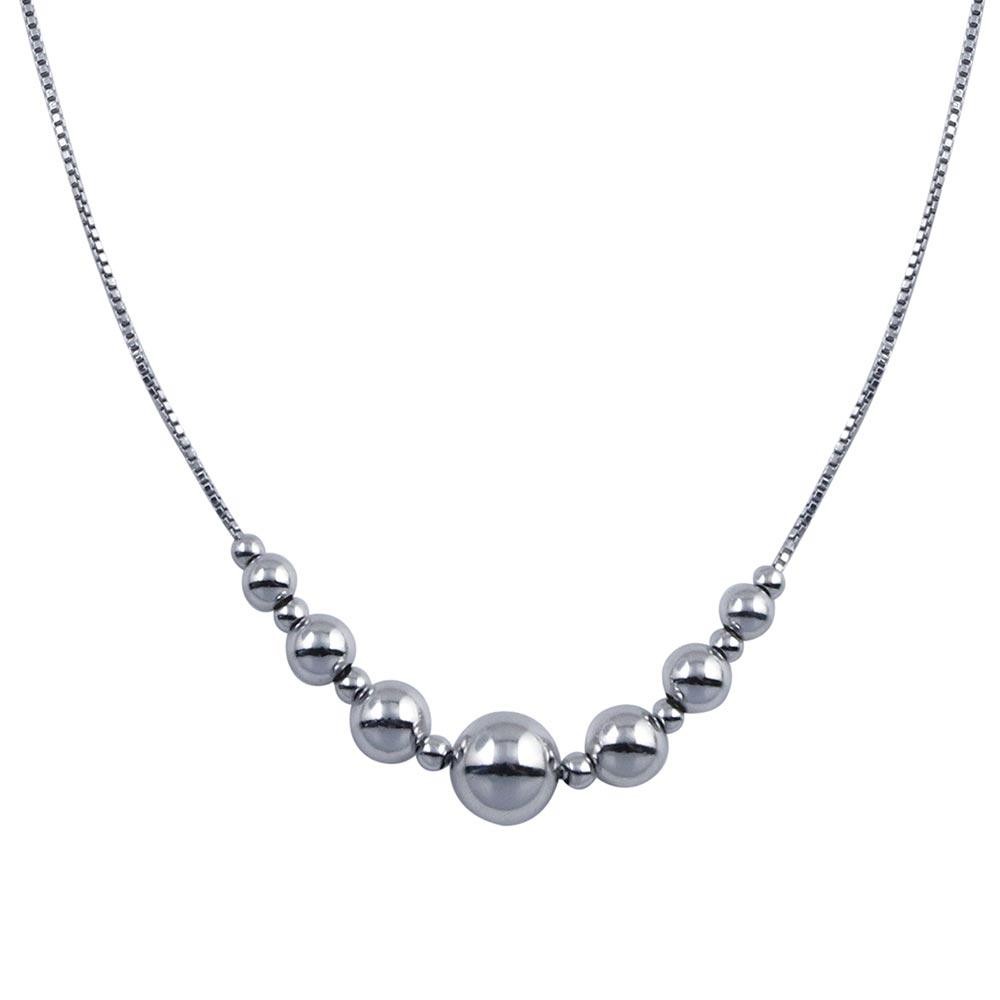 Rhodium Plated 925 Sterling Silver 15 Graduated Beads Box Chain Necklace