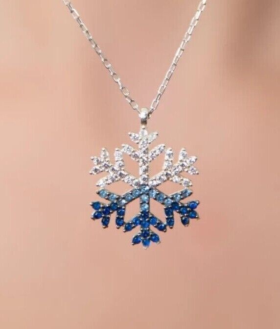 Round Cut Simulated Sapphire Snowflake Women’s Pendant In 14K White Gold Plated