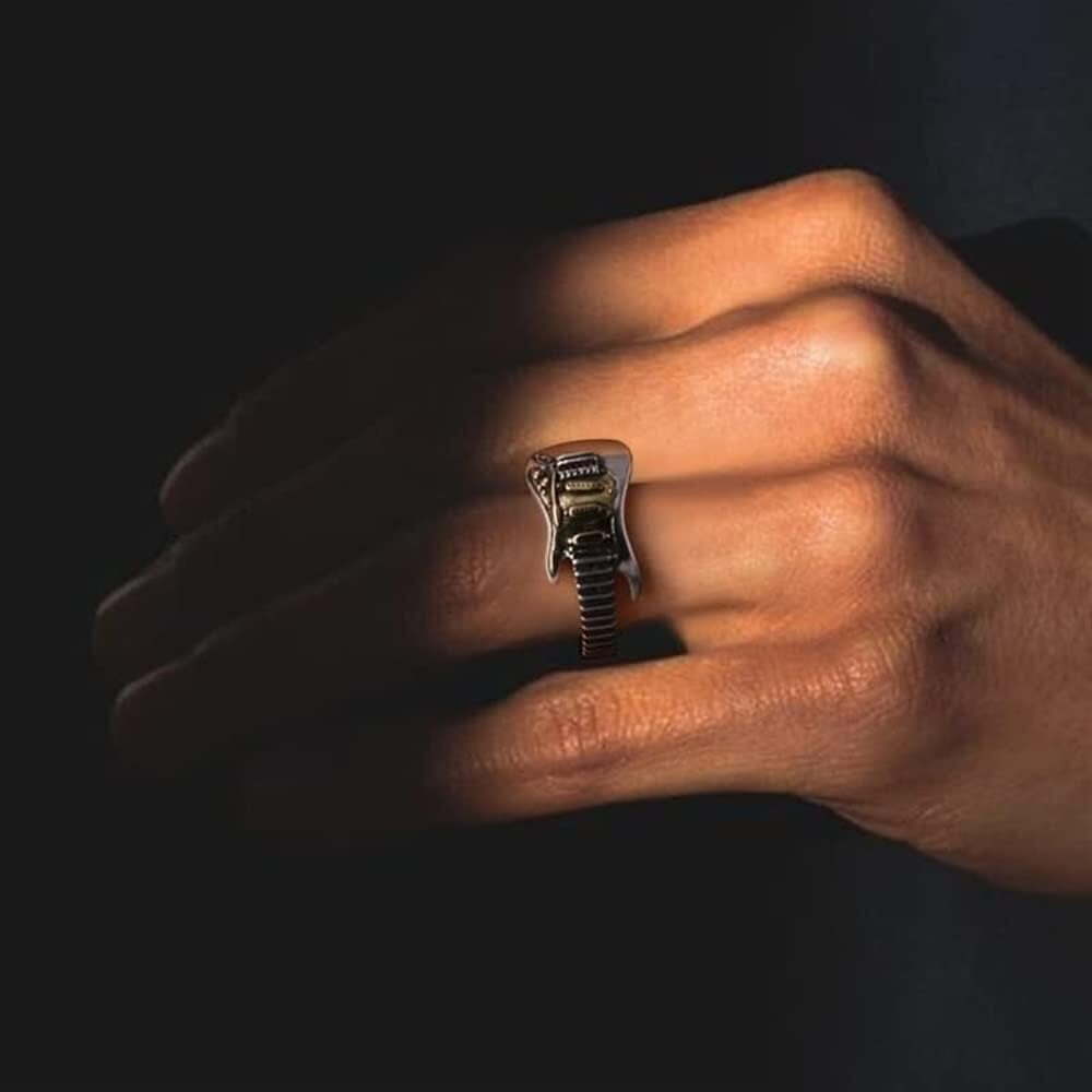 Rock Guitar Necklace and Open Adjustable Rings for Men,Hip Hop Rock Music Gift