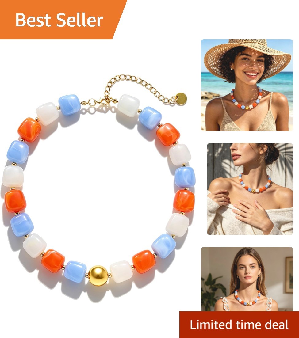 Handmade Colorful Square Resin Necklace with Gold Accents – Adjustable Fit