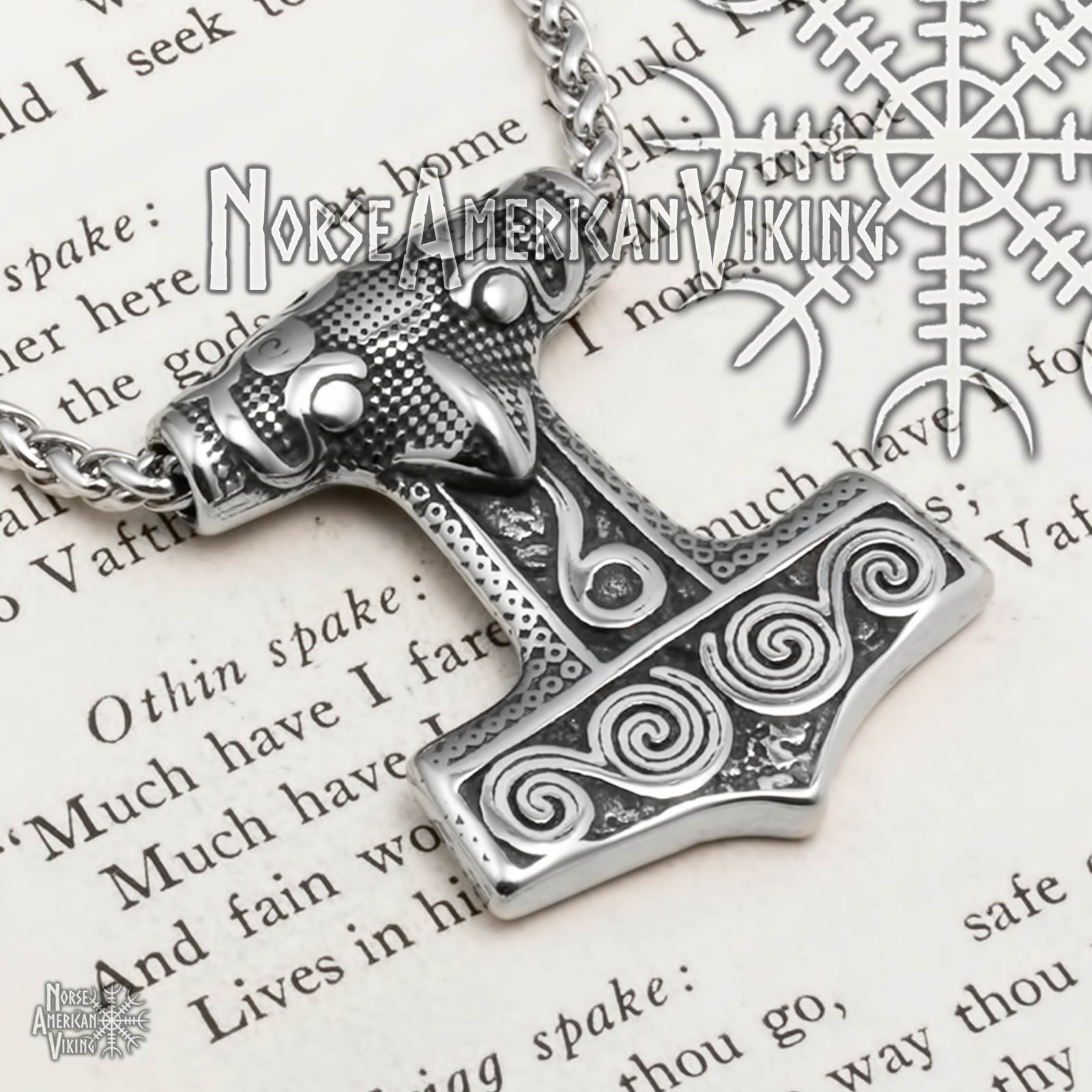 Viking Mjolnir Thor’s Hammer Raven Stainless Steel Pendant Necklace
