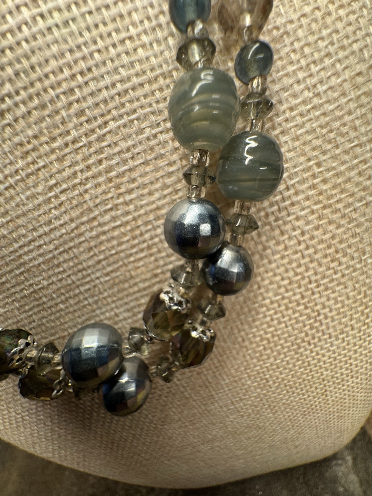 Vintage Gray & Silver Glass Beaded Necklace Stamped Japan c1950s 20in Retro Glam