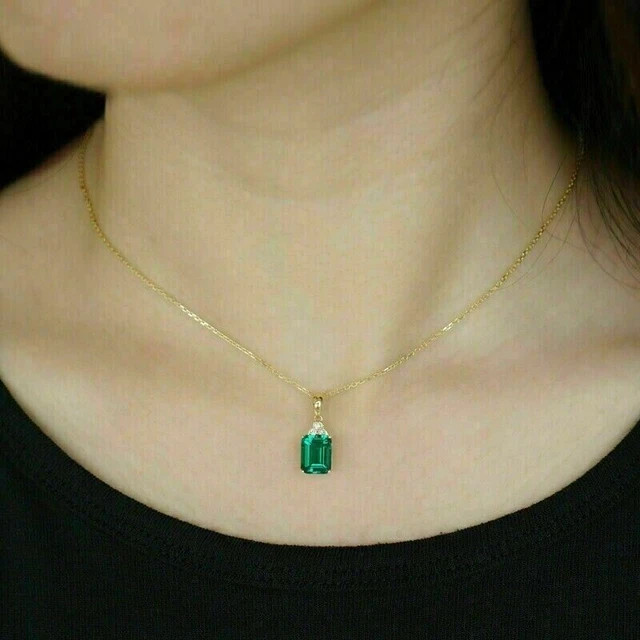 2Ct Emerald Simulated Emerald Diamond Pendant 14k Yellow Gold Plated 18” Chain