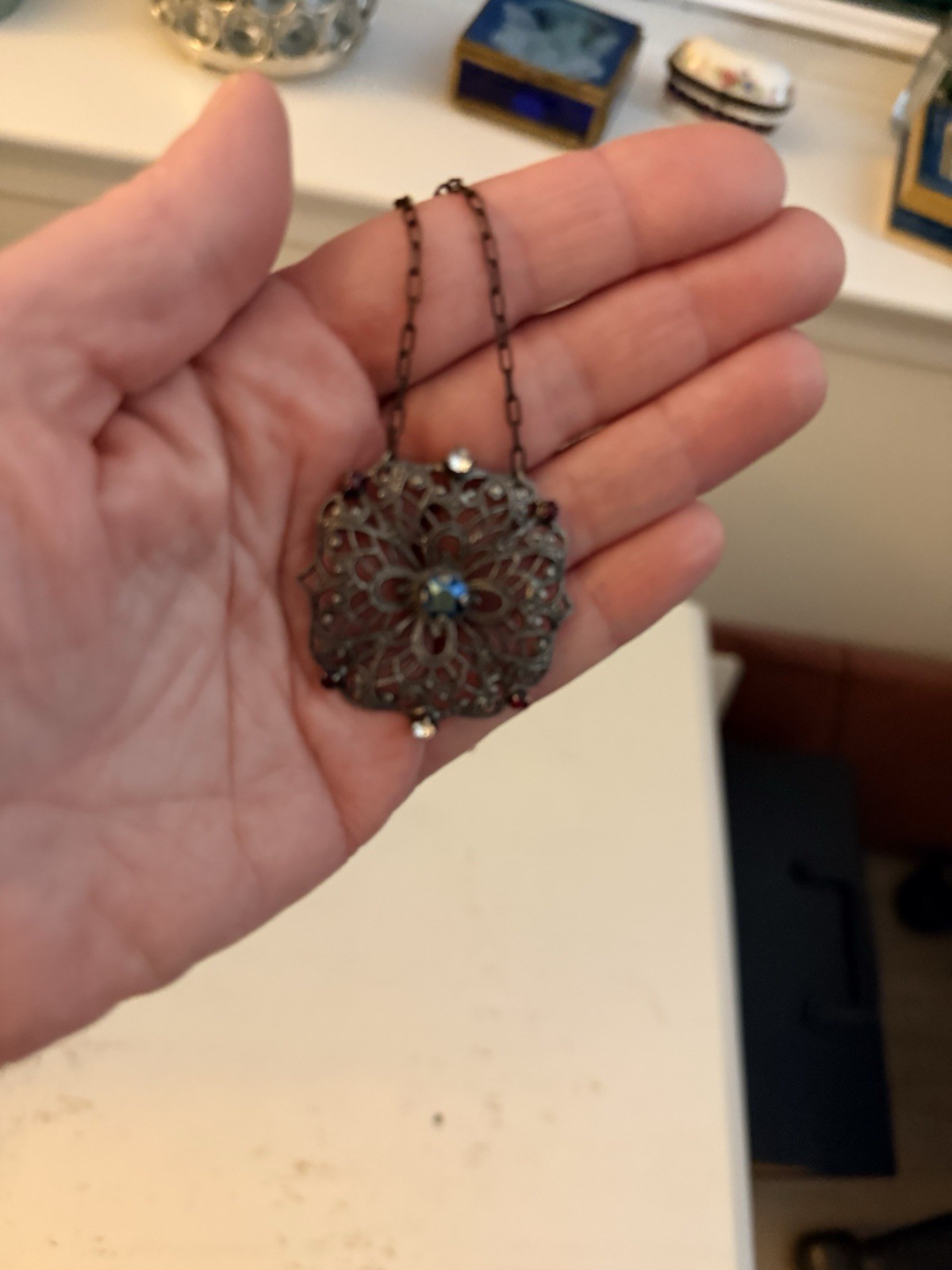 New Sabika gun metal vintage filigree necklace with blue, red, clear crystal