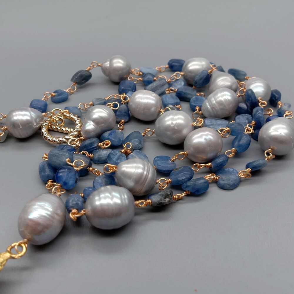 21″ Blue Kyanite Gray Rice Pearl Necklace Teardrop Brushed Gold Plated Pendant