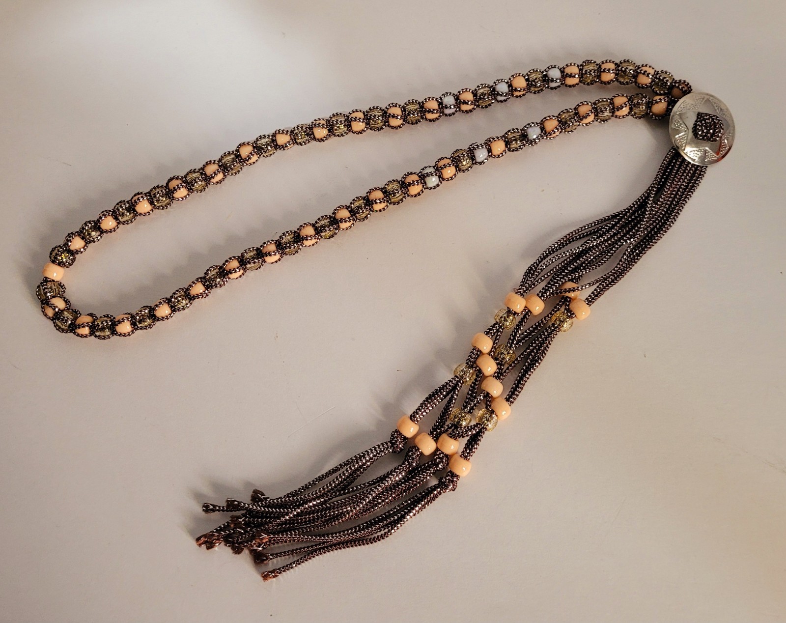 Vintage Western Bolo Tie Brown Silver Cord Silver Tone Concho Beaded Necklace