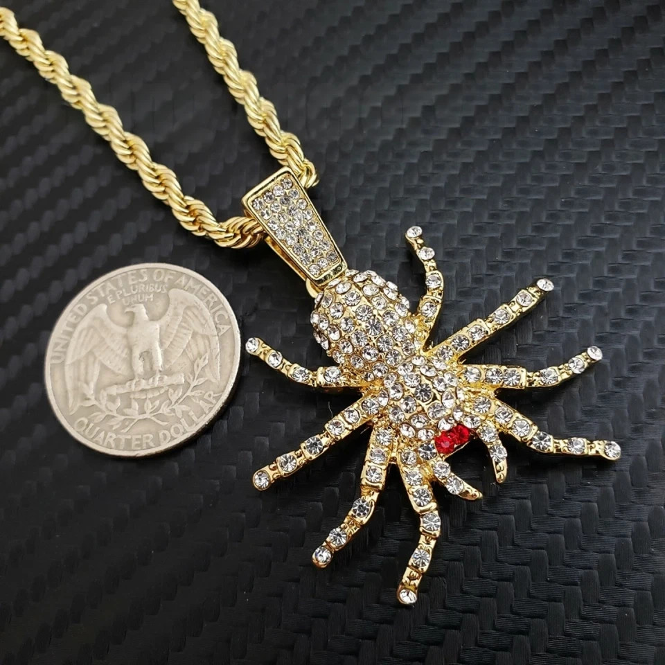 Iced Spider Pendant Necklace Gold Tone 24in Rope Chain Hip Hop CZ Unisex