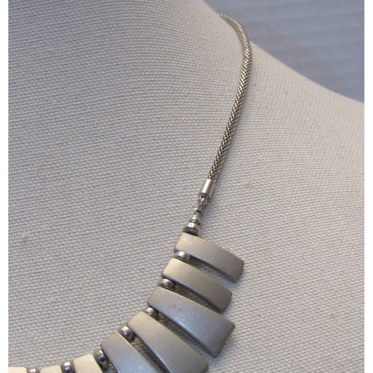 NY Silver Tone Brushed Metal Geometric Fringe Bib Statement Necklace Chain