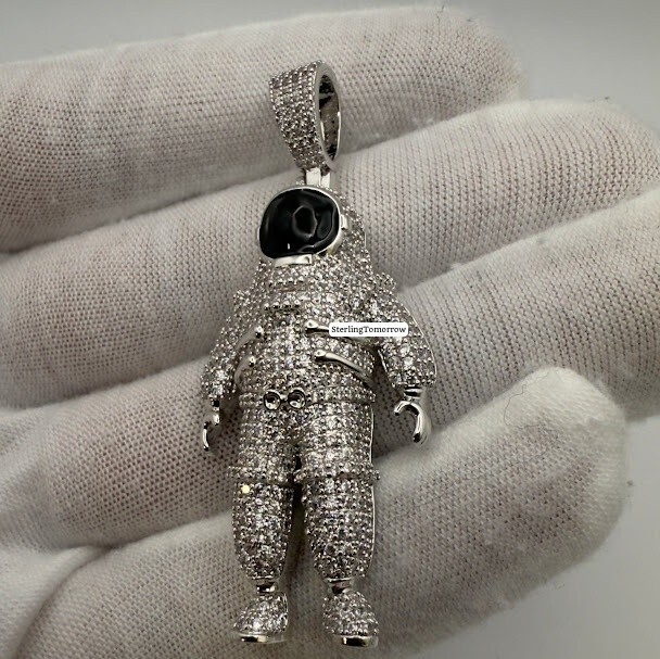 Astronaut Iced Out Pendant 14K White Gold Plated + Free AntiTarnish Rope Chain