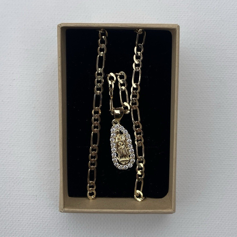 Gold Tone Chain Necklace Virgin Mary Virgen de Guadalupe Clear Stone Pendant