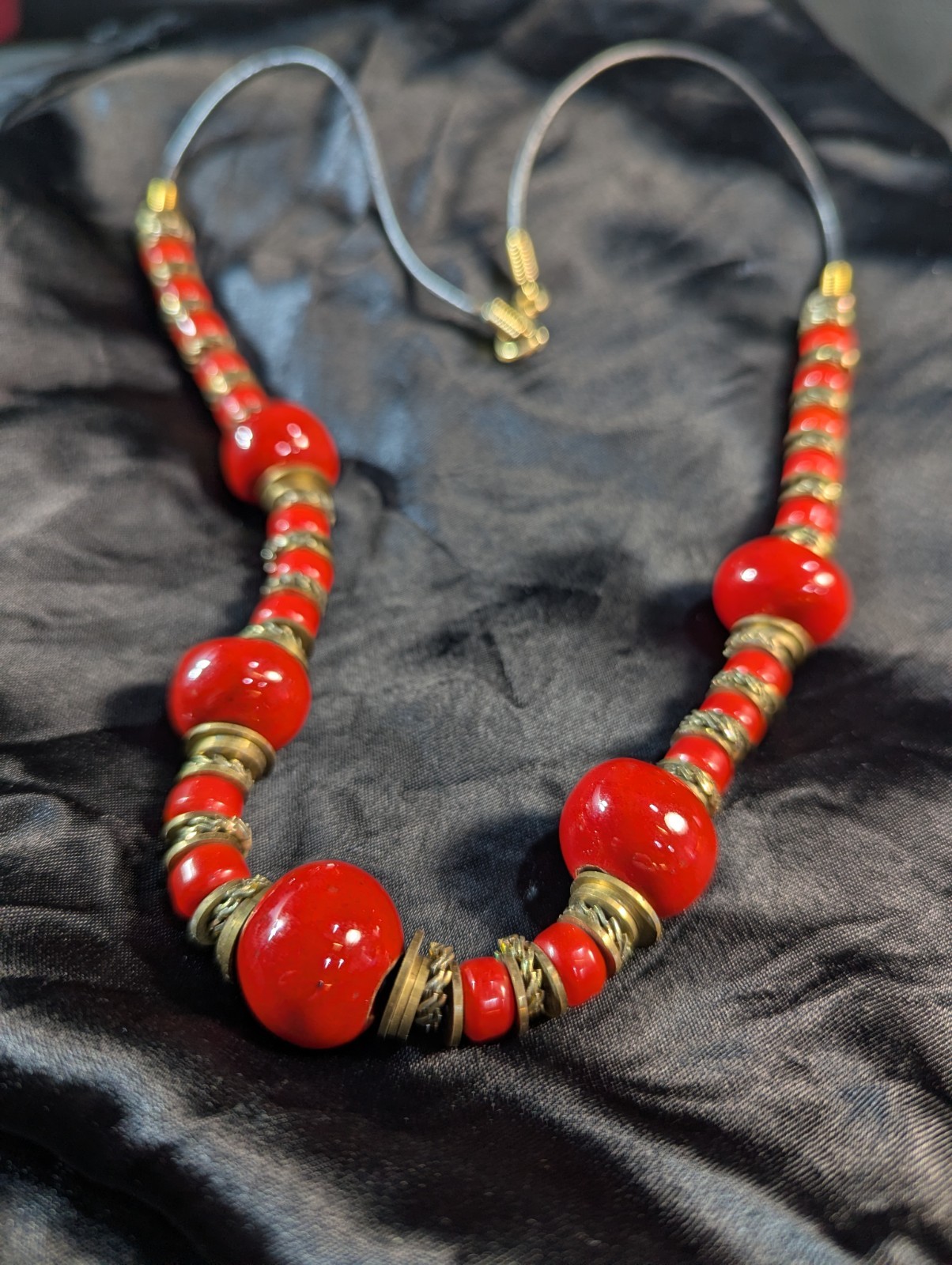 Vintage Chunky Red Glass & Brass Spacer Statement Necklace Boho Ethnic Style