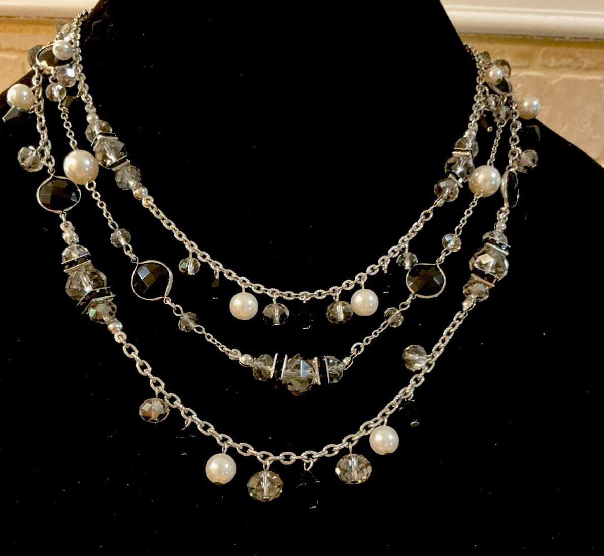 White House Black Market 3 Strand Silver Crystal Pearl Black White Necklace-NWOT