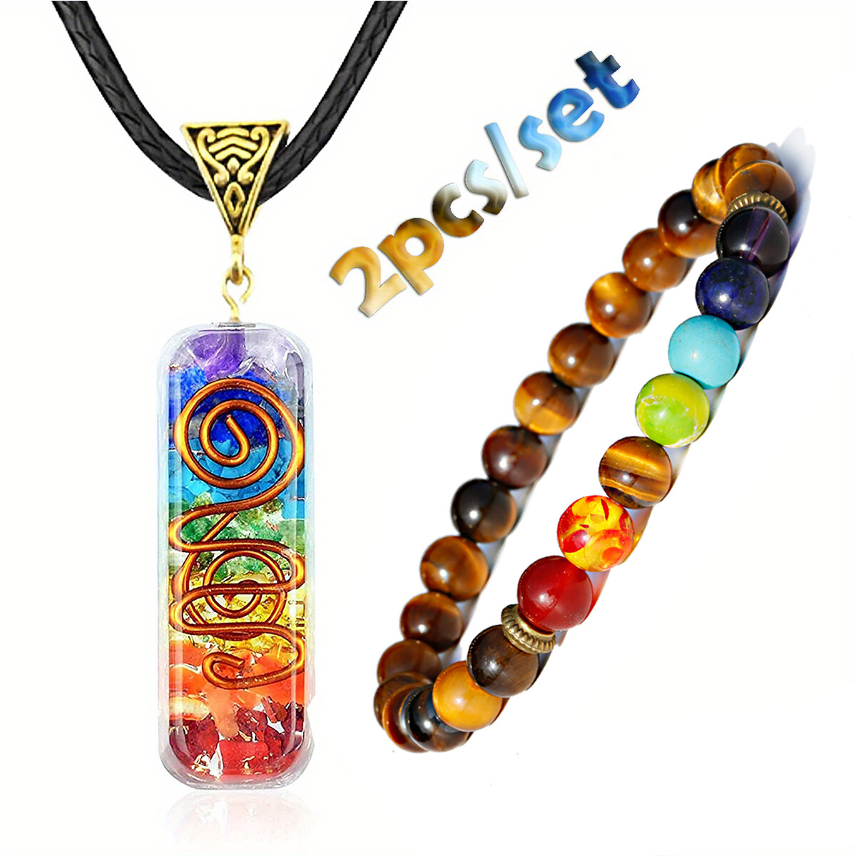 2pcs Seven Chakras Yoga Colorful Stone Pendants Necklace Tiger Eye Bracelet Gift