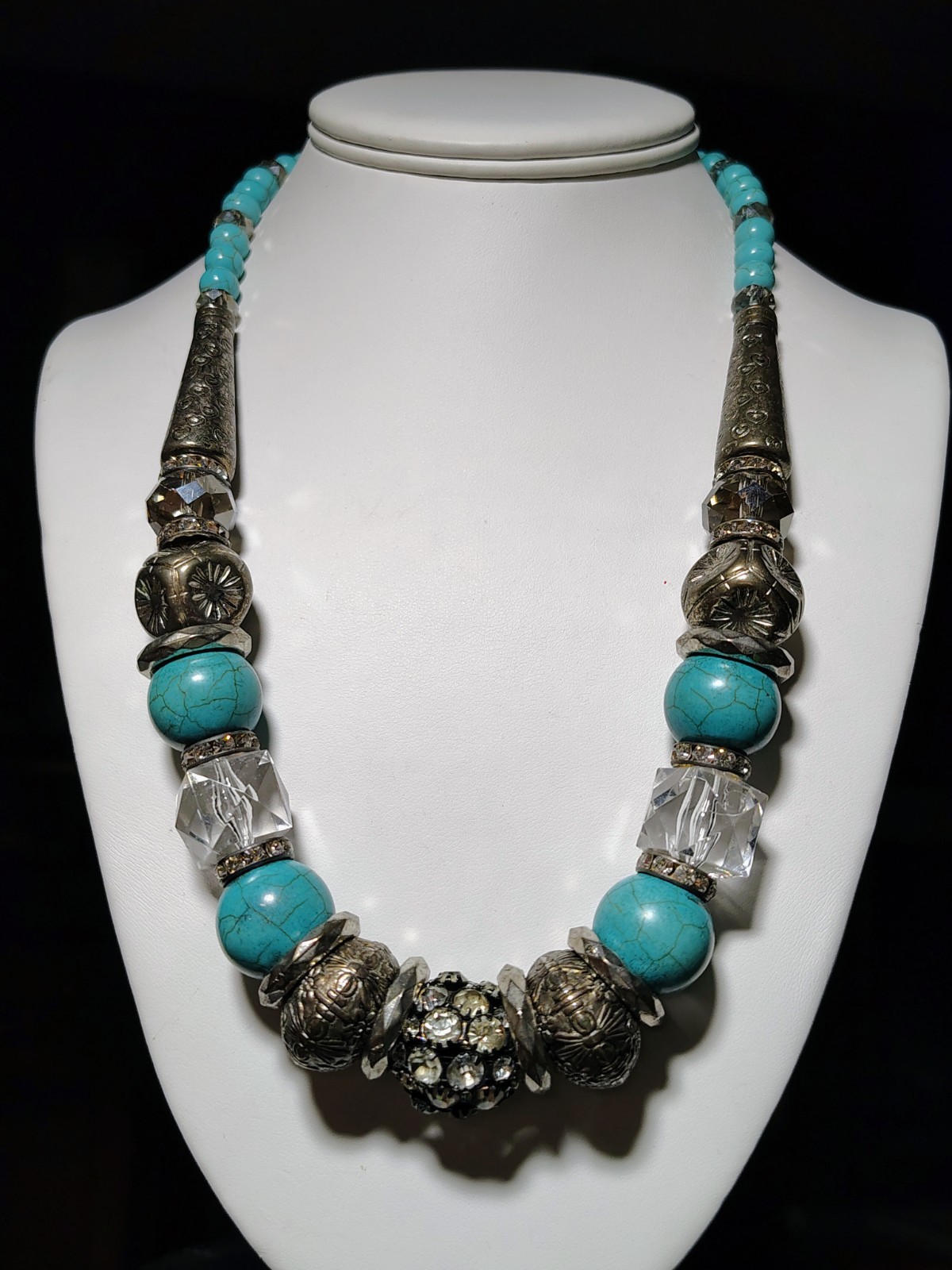 Jules Chunky Turquoise Style Statement Necklace Crystal Silver Tone 18-21” Vtg