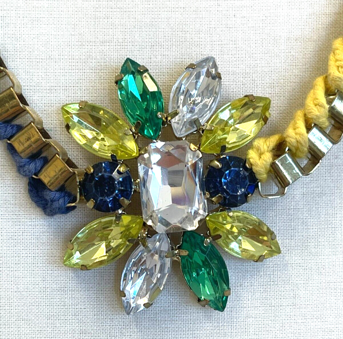 CARA New York Yellow Green White Blue Jeweled Yarn Gold Tone Pendant Necklace