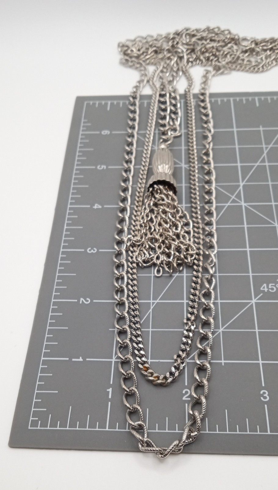 Tassel Silver Tone Necklace, 18″ Layered w/ 2 Longer Curb chains, Stylish