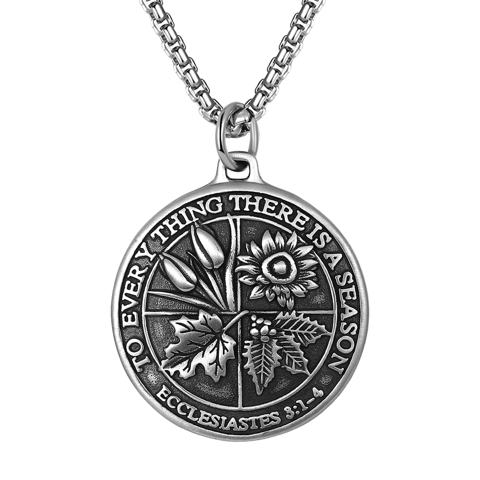 Mens Ecclesiastes 3:11 Bible Verse Herbal Embossed Stainless Steel Coin Necklace
