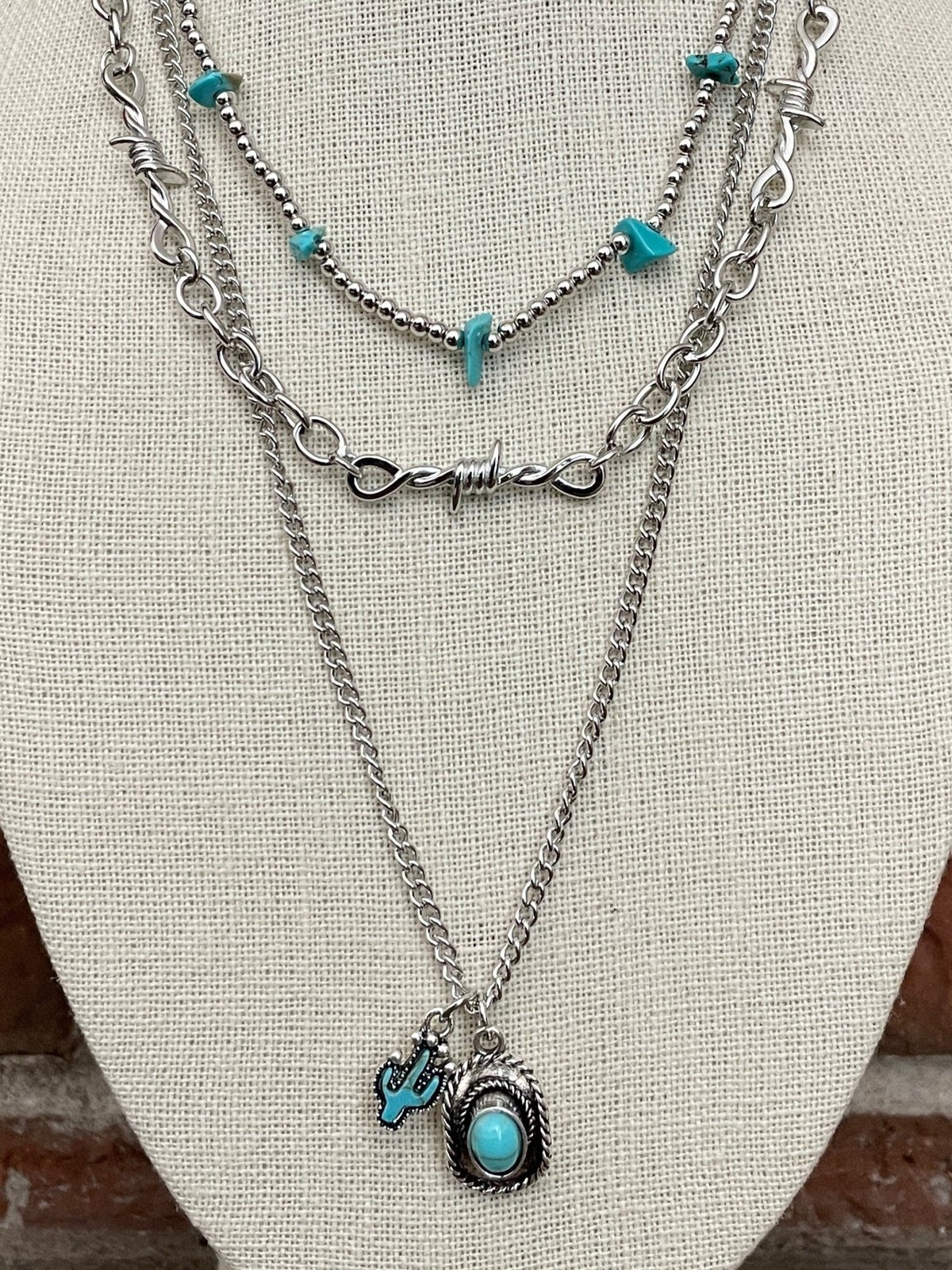 New Faux Turquoise Cowboy Hat Barbed Wire Necklace Set Bead Cactus Western Boho