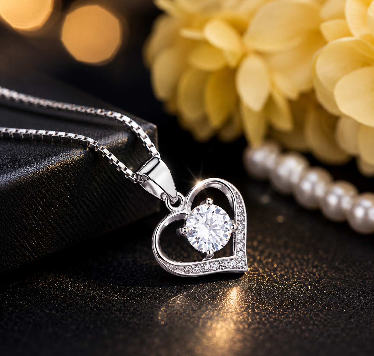 Silver Heart Pendant Necklace w/ CZ Solitaire 18″ Chain Romantic Gift for Women