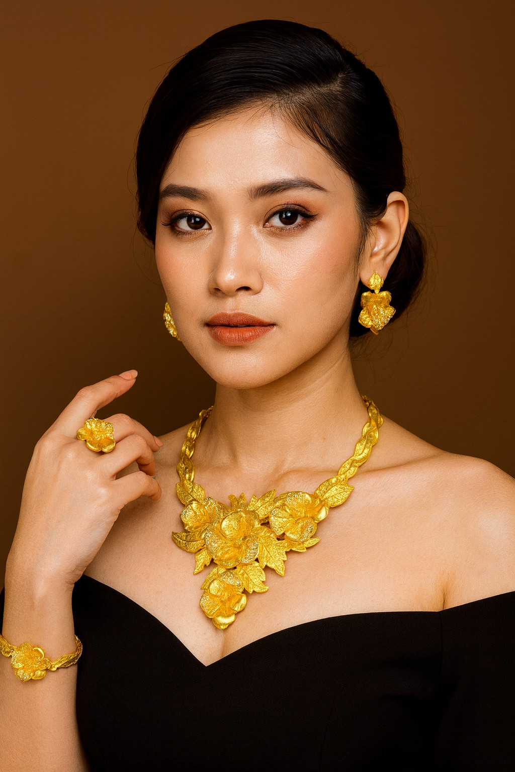 Thai Gold Flower Jewelry Set Necklace Bracelet Ring Earrings for Wedding Party