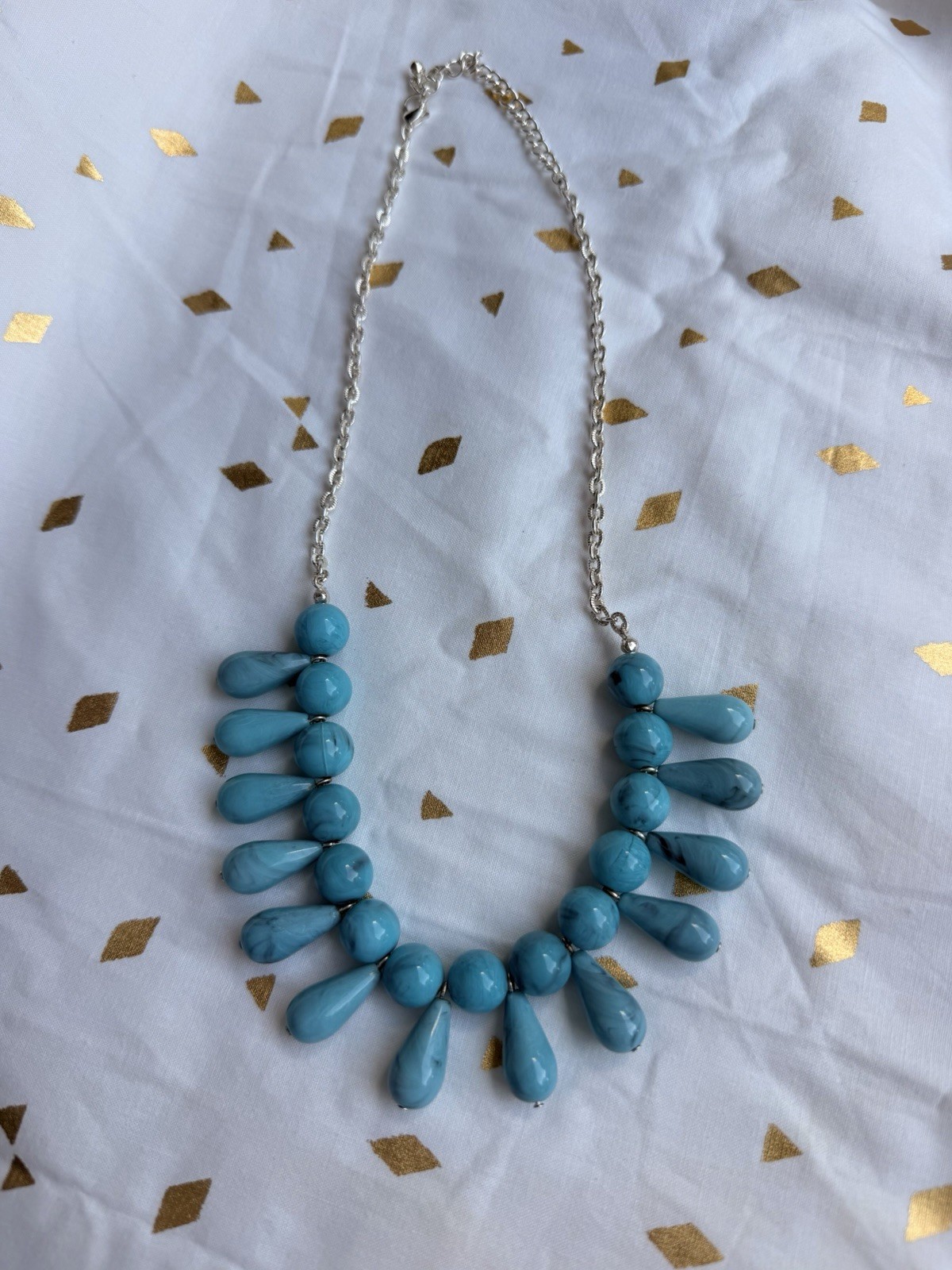 Turquoise Necklace Faux Silver Tone Chunky Bib Modern Retro