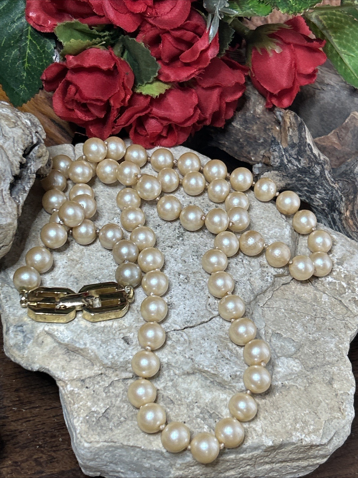 53. Vintage GIVENCHY Gold Tone Faux Pearl Logo Fold over Clasp Necklace 24″