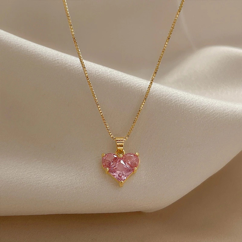 Women’s Fashion Jewelry Gold Pink Rhinestone Heart Pendant Necklace 1-228