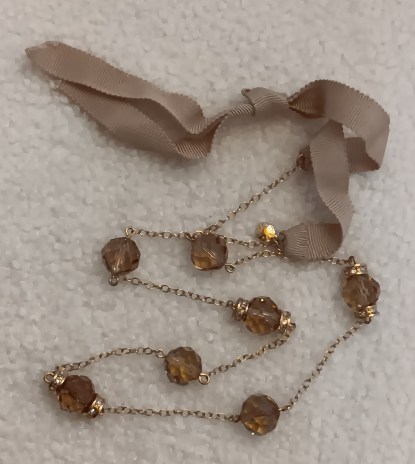 J Crew Goldtone Faceted Smoky Crystal Station Necklace Ribbon Closure 20-30 in
