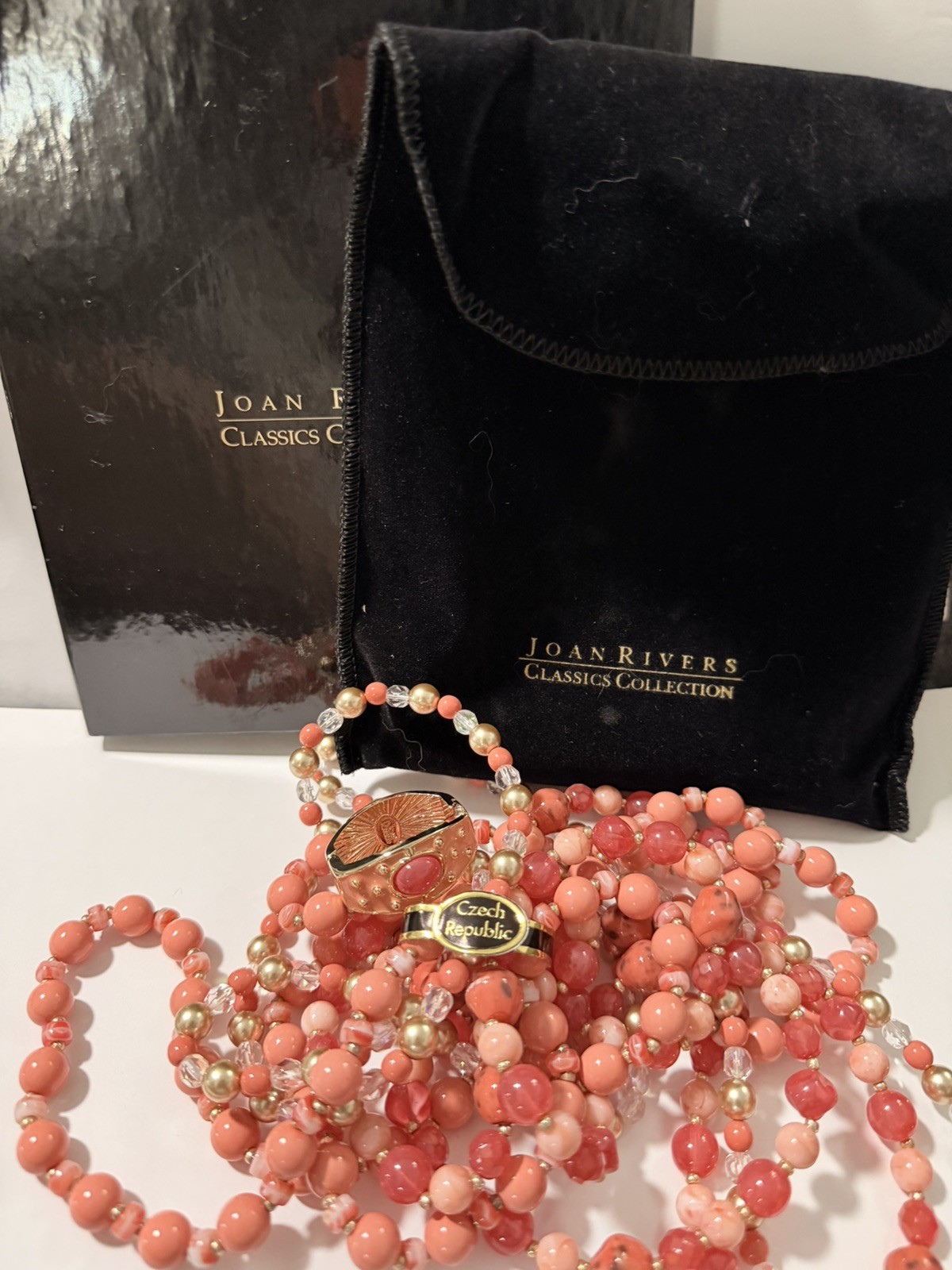 NEW Joan Rivers Czech Glass Coral Pink 3 Strand Necklace + Enhancer NIB Set