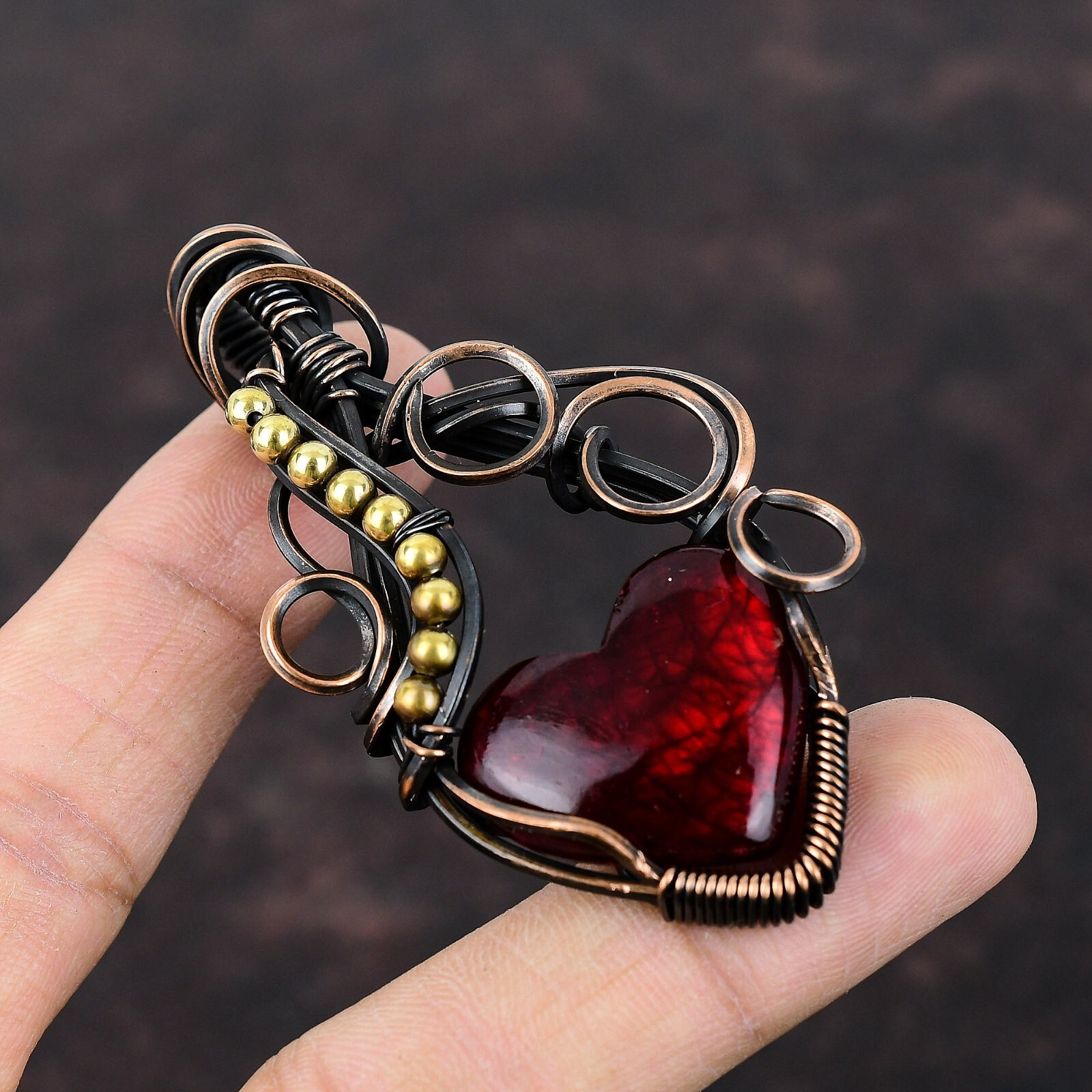 Red Fire Labradorite Copper Gift For Love Wire Wrapped Pendant 2.95″