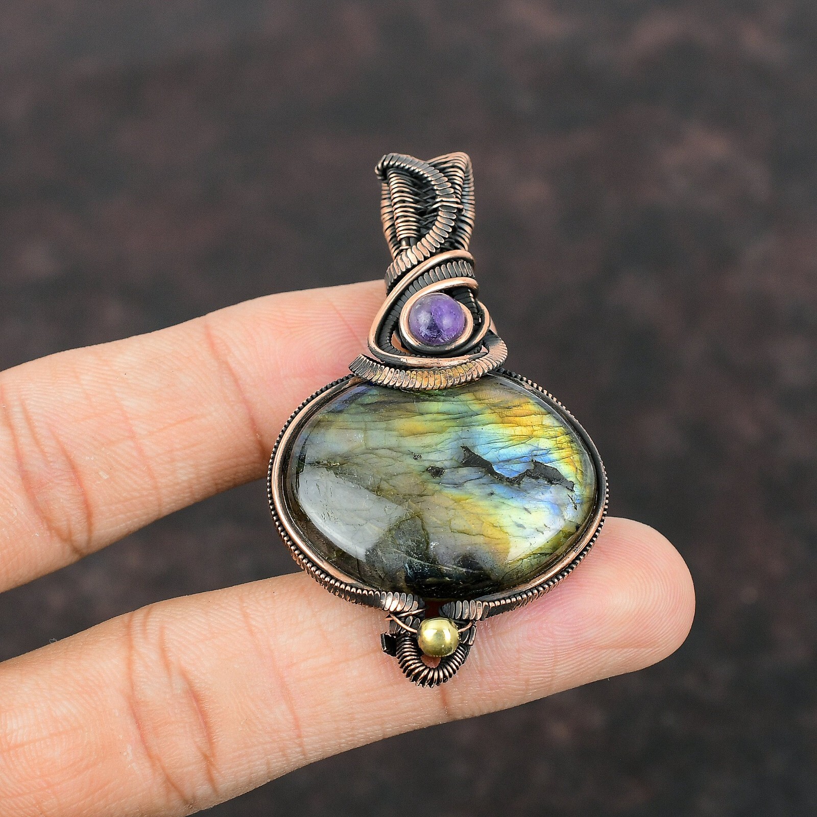 Labradorite Gemstone Jewelry Copper Gift For Bestie Wire Wrapped Pendant 2.44″