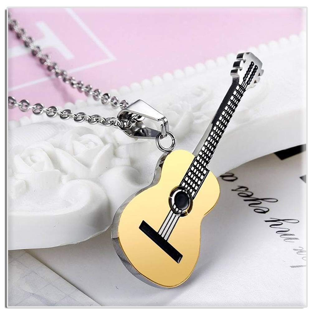 Punk Rock Music Style Titanium Steel Guitar Pendant Necklace 24″ Box Chain