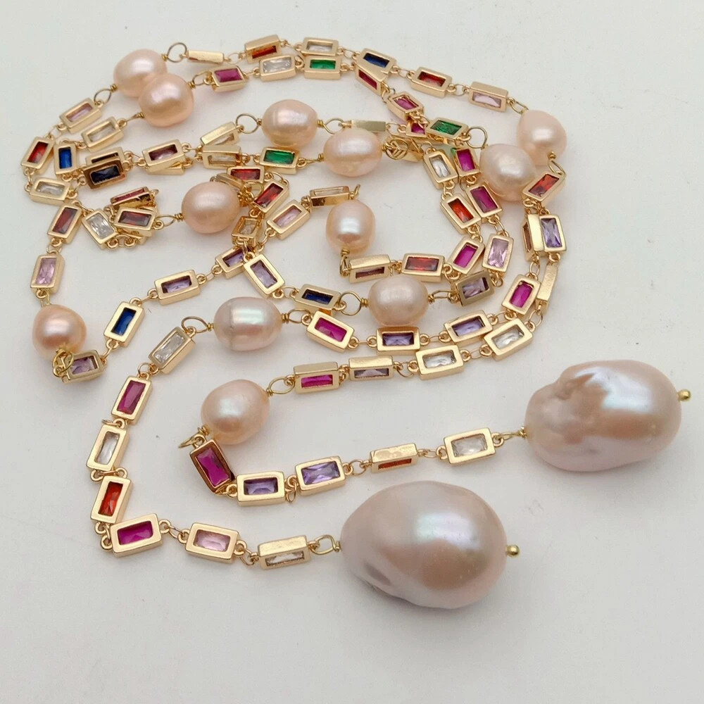 50″ Freshwater Baroque Pearl Mixed Color Rectangle Cz Pave Long Chain Necklace