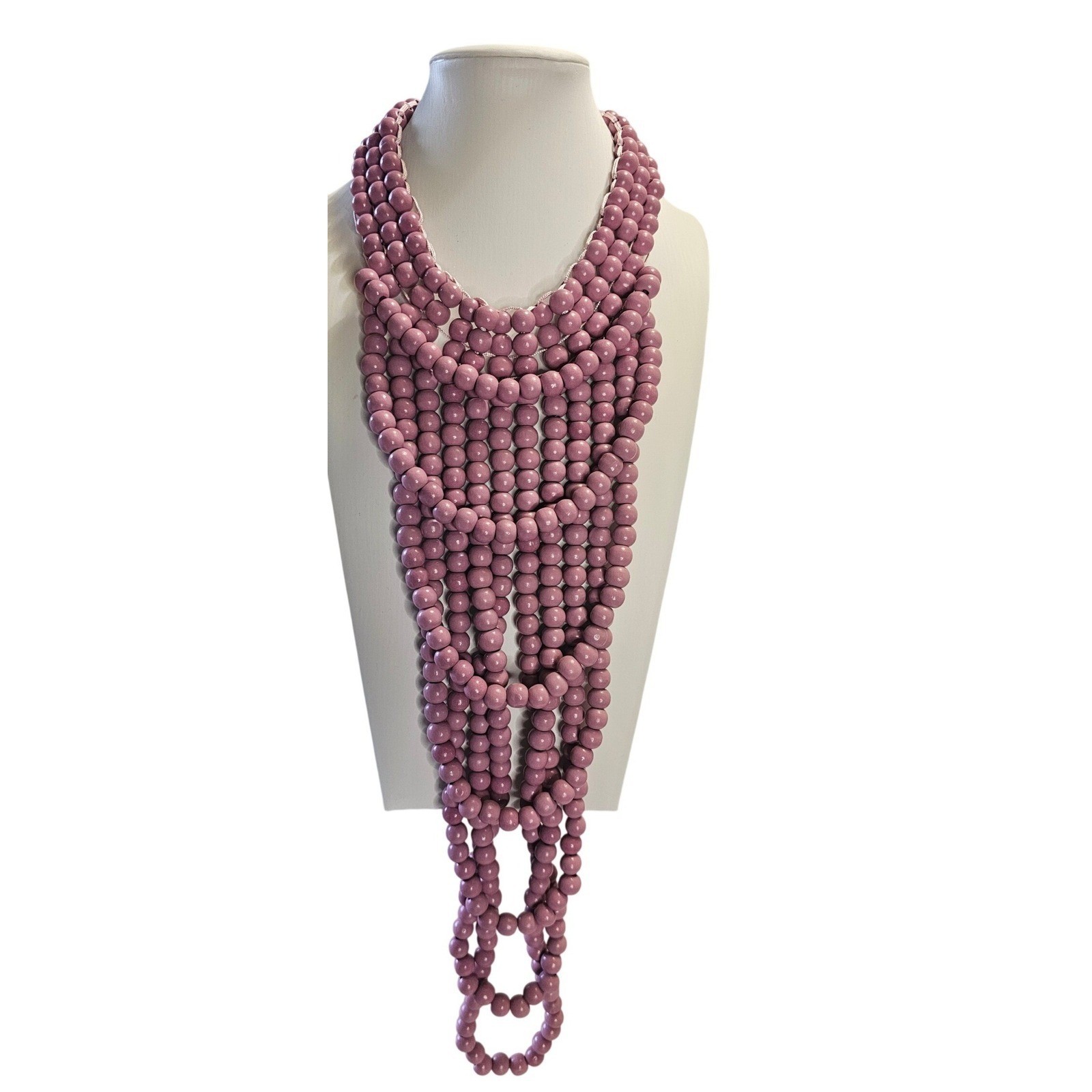 Layered Wood Beaded Bib Necklace Women Pink Statement Boho Maximalist Festival