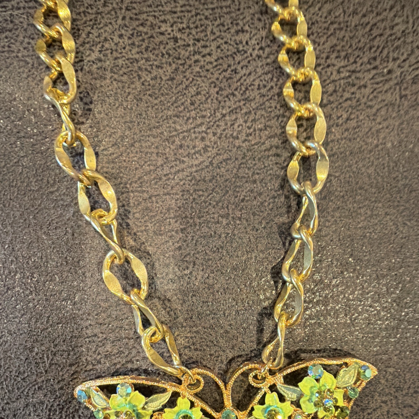 Gold Tone Figaro Chain Necklace w/ Large Butterfly Charm, Green Round Crystal