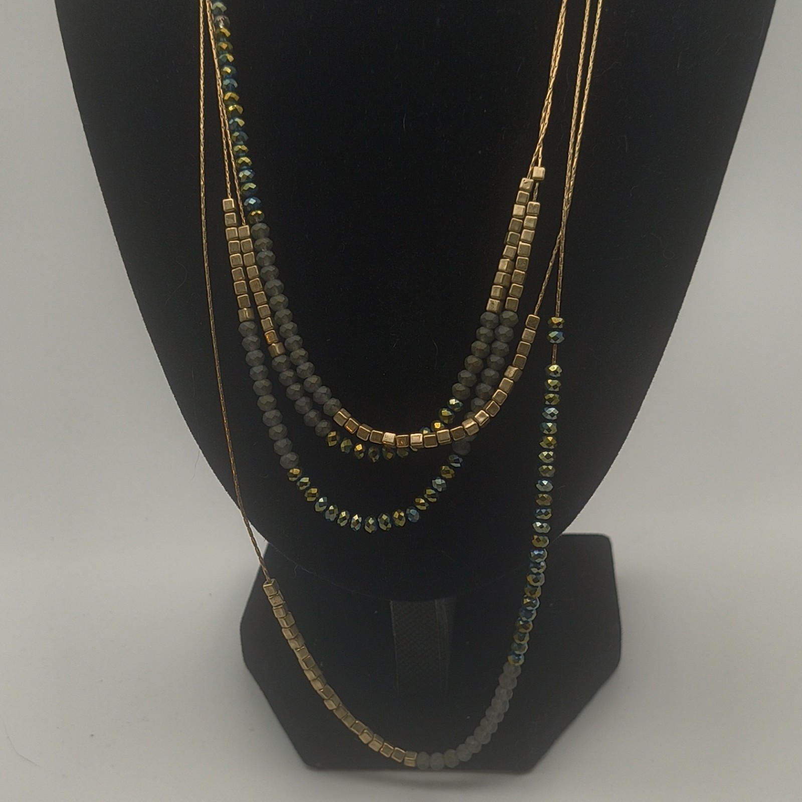 Gold Tone Layered Cable Chain Necklace Gray Round Crystal Beaded Adjustable