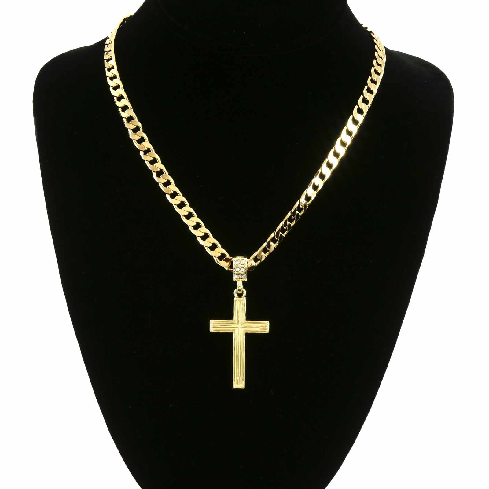Men’s 14k Gold Plated Flat Miami Cuban chain Necklaces on Two Cross Pendant 12