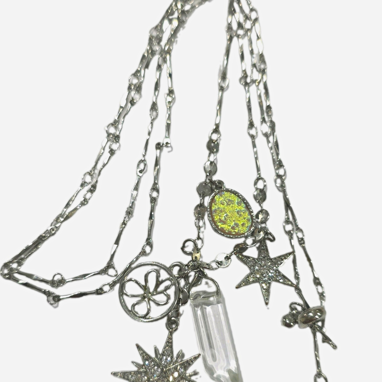 Silver Tone Celestial Star Charm Necklace Clear Crystal Hexagon Pendant Toggle