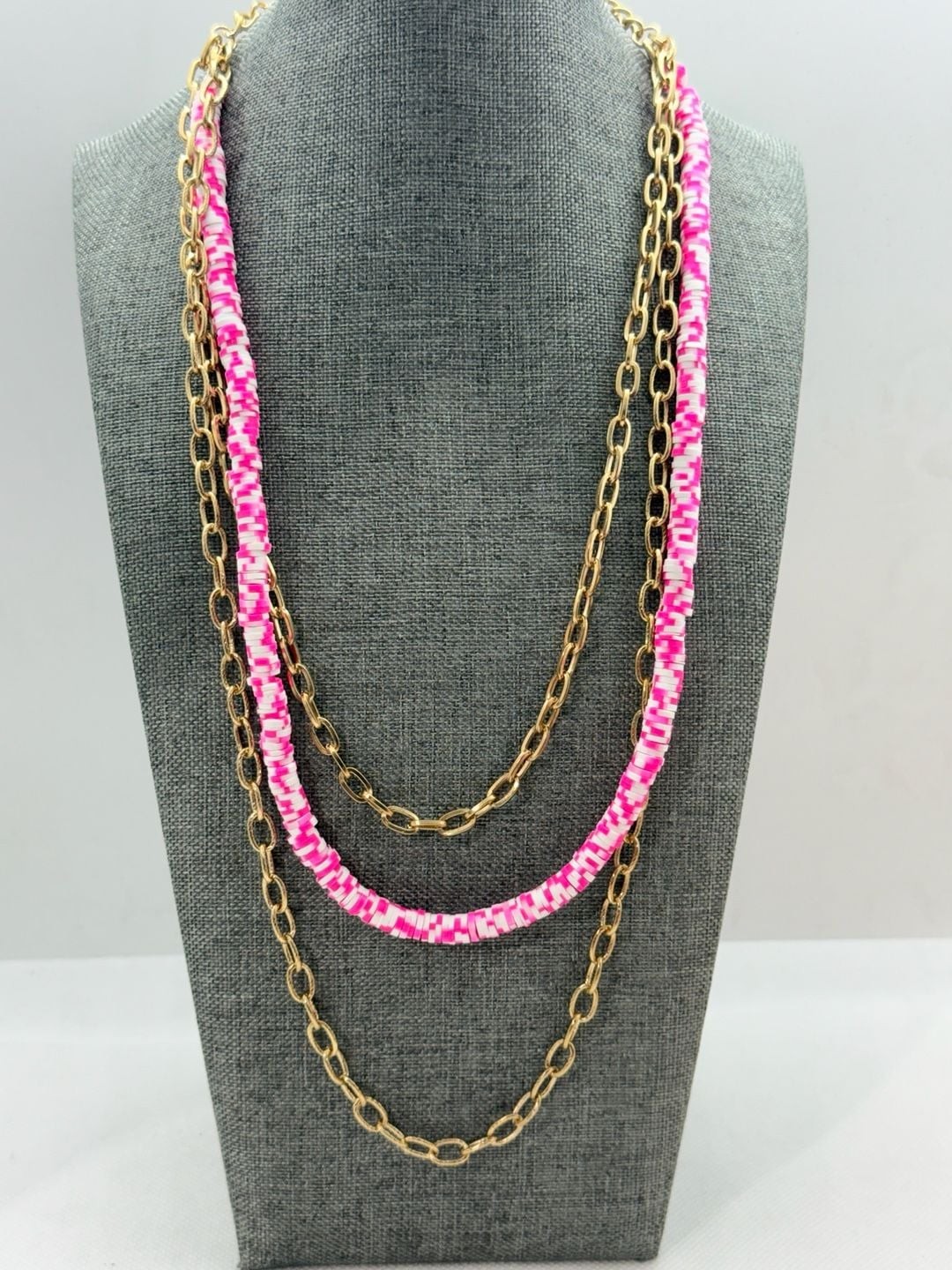 Neon Pink and White Beaded 3 Strand Chain Layered Necklace